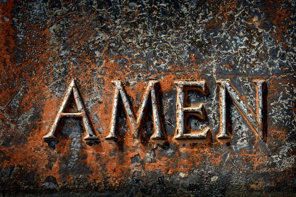 Молитвенная Скульптура Бронзы Выветренного Металла Словом Аминь Конец Молитвы — стоковое фото