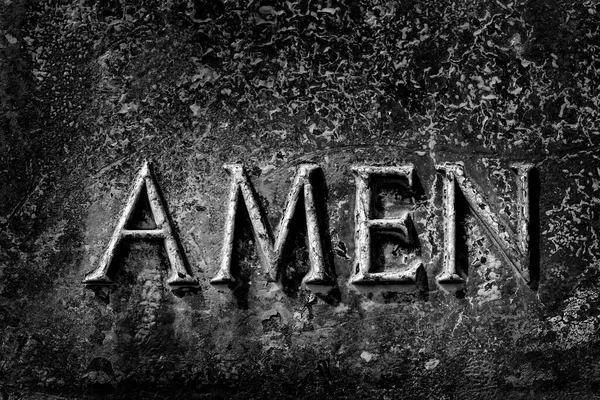 Prayer Sculpture Bronze Weathered Metal Word Amen End Praying — Stock Photo, Image