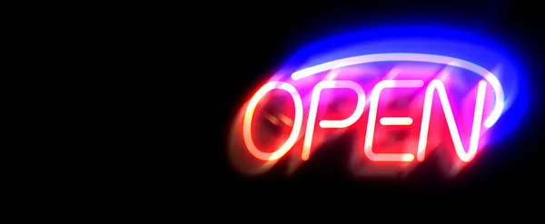 Open Sign Neon Glass Window Door Business Night Glowing Color — Stock fotografie