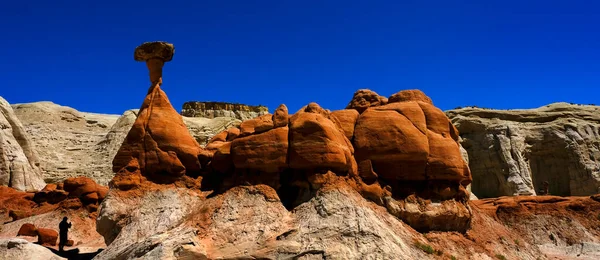 People Silhouette Toadstool Hoodoos Southwest Red Sandstone Blue Sky Wilderness Stock Picture