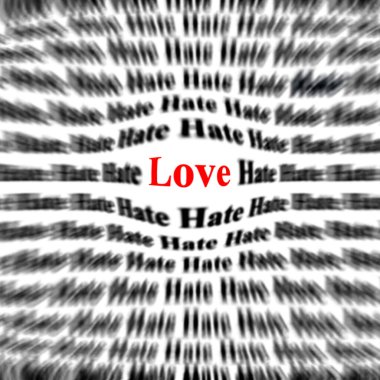 Closeup detail of black and white words with red word love ballooned to be bigger and emphasized clipart