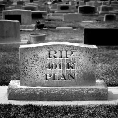 Mezar taşı RIP ile tasarruf ve emeklilik planları ölümü simgeleyen 401k