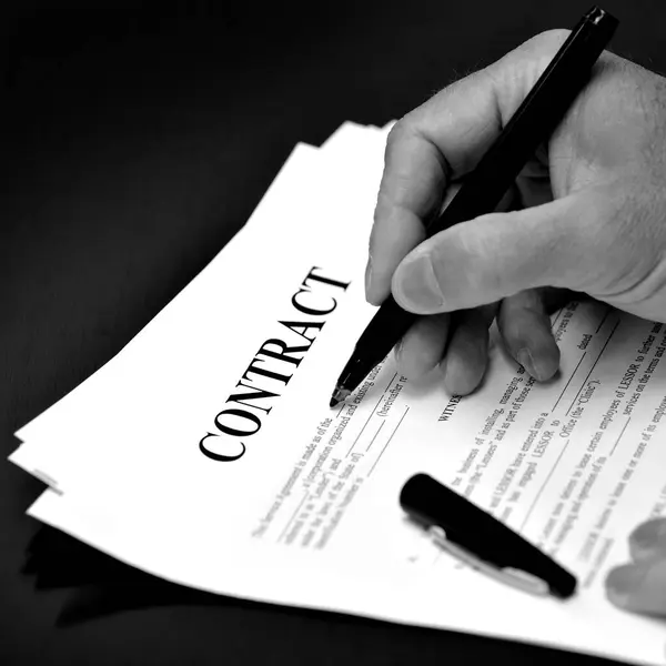 Contract Desk Black Pen Being Signed Person — Stock Photo, Image