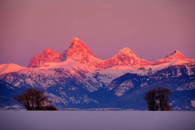 Teton Dağı sıradağları Idaho tarafında gün batımı Alpen kışın kar ve ağaçlarda pembe ve turuncu parlıyor