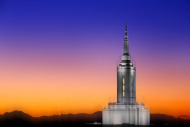 Pocatello Idaho LDS Mormon Son Gün Aziz Tapınağı Gün batımında ışıklar Angel Moroni ile sanatsal bulanıklık