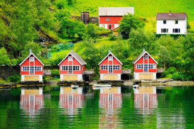 Okyanus ya da göl kıyısındaki yeşil yansımalı kırmızı evler ve binaların ayrıntıları