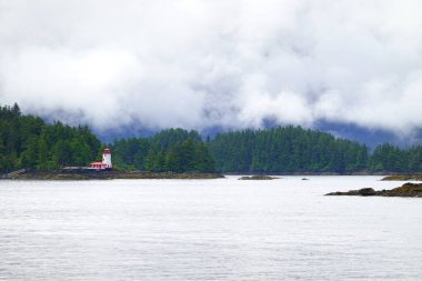 Alaska 'daki bir dağın kıyısındaki, yemyeşil çam ağacı ormanının aydınlık evinin ayrıntıları.