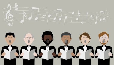 Çok kültürlü bir erkek korosunda şarkı söyleyen bir grup yetişkin erkek. Düzenlenebilir vektör.