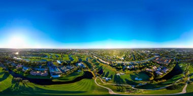 Plantation, FL, USA - January 6, 2022: Aerial 360 equirectangular photo of Lago Mar Country club golf course