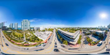 Miami Beach, FL, USA - January 10, 2023: Aerial equirectangular photo Miami Beach Canopy Park and Baptist Health 