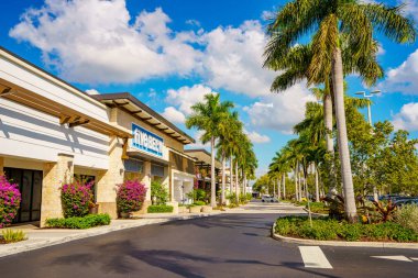 Davie, FL, USA - January 12, 2023: Photo of shops and restaurants at Tower Shops outdoor mall Davie Florida