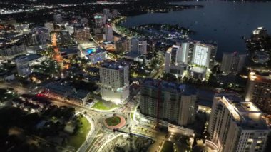 Night aerial Sarasota roundabout traffic circle in the city