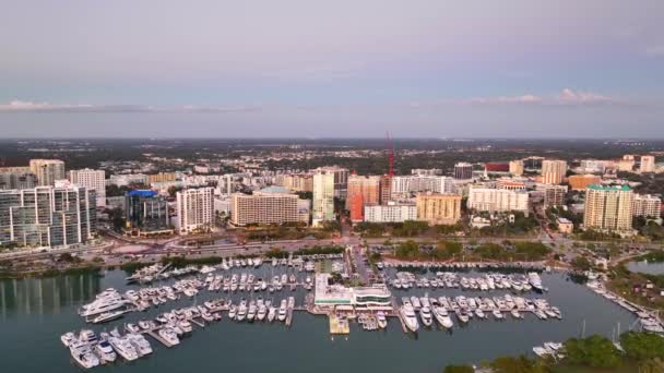 Aerial Approach Downtown Sarasota Florida Marina Highrise Towers Business District — 图库视频影像