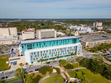 Sarasota, FL, USA - January 18, 2023: Aerial drone photo Sarasota Police Department Building