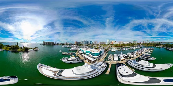 Sarasota, FL, USA - January 18, 2023: Aerial drone 360 equirectangular spherical panorama Marina Jack Restaurant and yachts Sarasota Florida