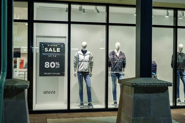 Sunrise, FL, USA - January 23, 2023: Armani winter sale 80 percent off at Sawgrass Mills Mall