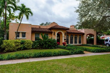 Coral Gables, FL, USA - January 28, 2023: Photo of a historic landmark home in Coral Gables Granada area