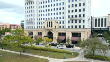 Aerial approach The Plaza Coral Gables Miami FL 4k low angle