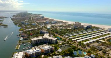 Aerial video beachfront condos and resort hotels Sarasota Beach Siesta Key and Crescent Beach
