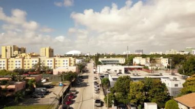 Aerial sweeping shot Overtown Miami. Drone video low income housing neighborhoods South Florida