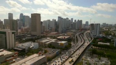 Drone video Miami Brickell by expressway at rush hour. Aerial tour Miami Florida USA. Stock Miami aerial video