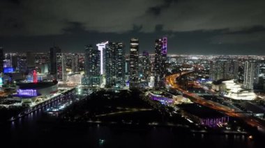 Downtown Miami circa 2023. Aerial night drone video