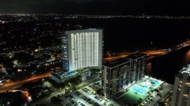 Night aerial video Blue On The Bay Miami luxury condominium