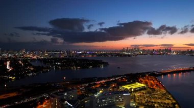 Aerial panorama Miami sunset over Biscayne Bay