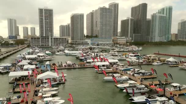 マイアミ国際ボートショーでのマーキュリーとヤマハの旗 — ストック動画
