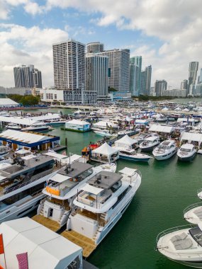 Miami, FL, USA - February 18, 2023: Aerial drone photo Miami International Boat Show