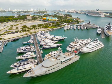 Miami, FL, USA - February 18, 2023: Aerial drone photo Miami International Boat Show circa 2023. Featuring Motoryacht Skat 9906