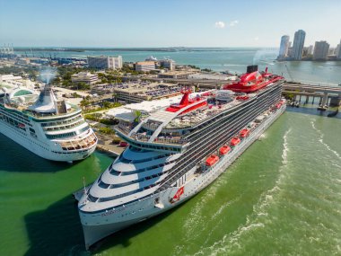 Miami, FL, USA - February 19, 2023: Aerial photo Virgin Valiant Lady Cruise Ship at Port Miami