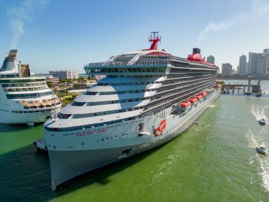 Miami, FL, USA - February 19, 2023: Aerial photo Virgin Valiant Lady Cruise Ship at Port Miami