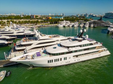 Miami, FL, USA - February 19, 2023: Aerial photo luxury Yacht Just J's Miami Boat Show