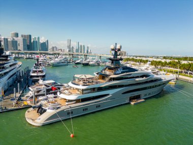 Miami, FL, USA - February 19, 2023: Aerial photo luxury Yacht Kismet at the Miami International Boat Show