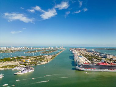 Miami, FL, USA - February 19, 2023: Aerial photo Port Miami and Government Cut Inlet to Atlantic Ocean