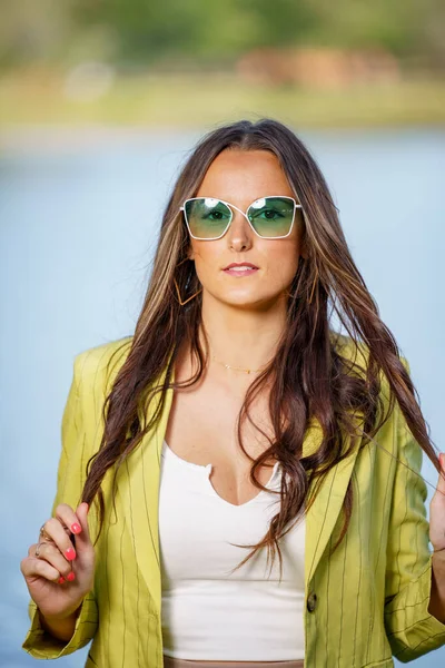 Retractive Young Female Model Posing Green Tinted Sunglasses — Stock Photo, Image