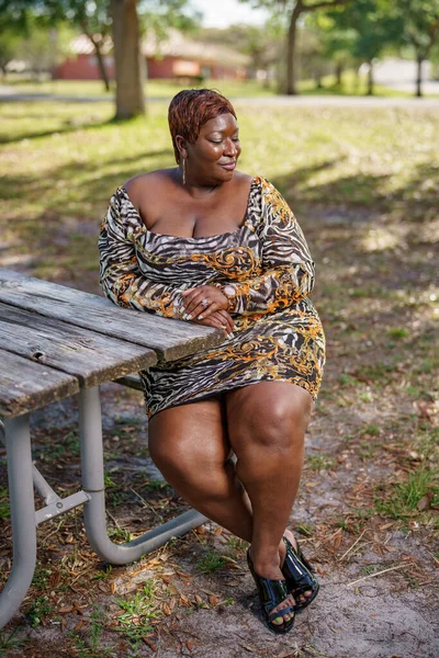 Bbw Big Black Beautiful Model Sitting Park Bench Outdoors — Stock Photo, Image