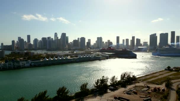 Aerial Rise Downtown Miami Port Ships — Stock Video