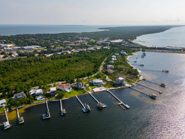 Luchtfoto Luxe Huizen Aan Het Water Met Dock Gulf Breeze — Stockfoto
