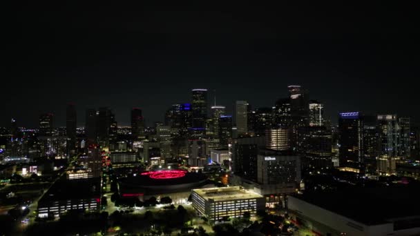 Night Aerial Approach Downtown Houston City Lights — Stock Video