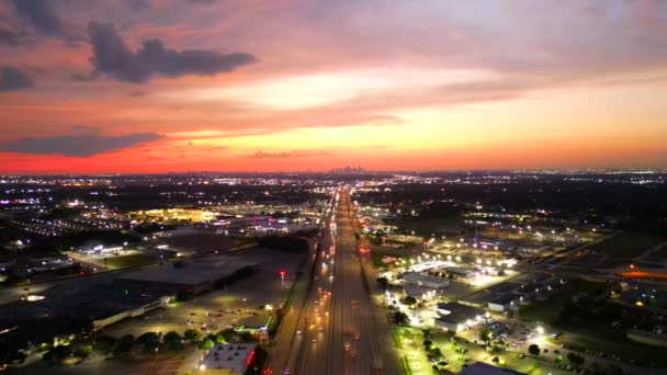 Aerial Approach Houston Texas Beautiful Dramatic Sunset Interstate — Stock Video