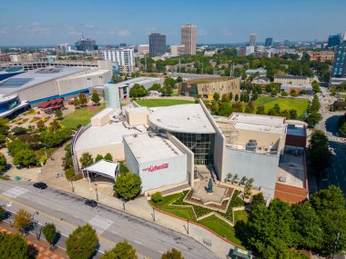 Atlanta, GA, ABD - 8 Eylül 2023: Coca Cola Atlanta GA 'nın hava fotoğrafı dünyası