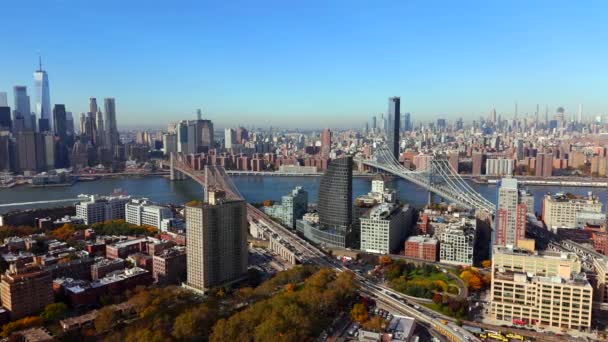 Epic Aerial Establishing Shot New York View River Bridges Brooklyn — Stock Video