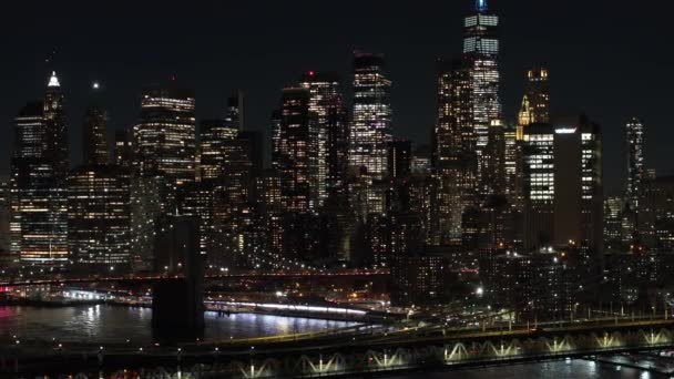 Nacht Luchtfoto Beelden New York 2023 Zicht Bruggen Gebouwen — Stockvideo