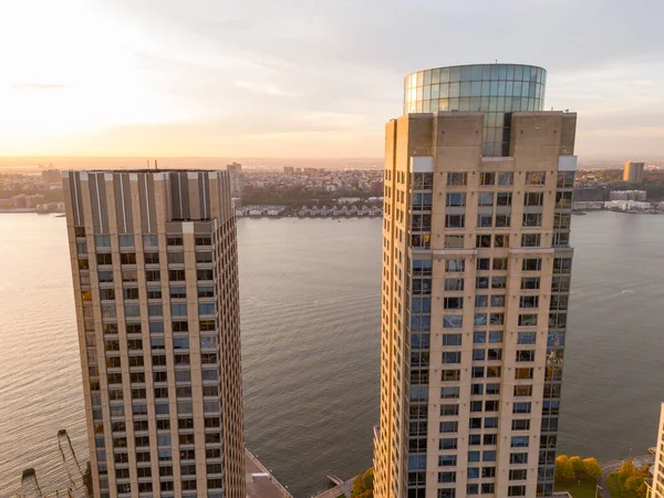 Flygdrönare Foto Highrise Byggnader Med Utsikt Över New York Solnedgång — Stockfoto