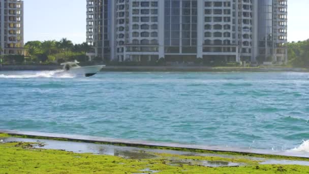 Miami Beach Salpicaduras Agua Sobre Entrada Del Malecón Hdr Metraje — Vídeo de stock