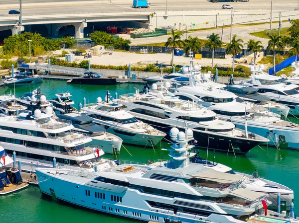 Luxury yachts in Miami shot with aerial drone