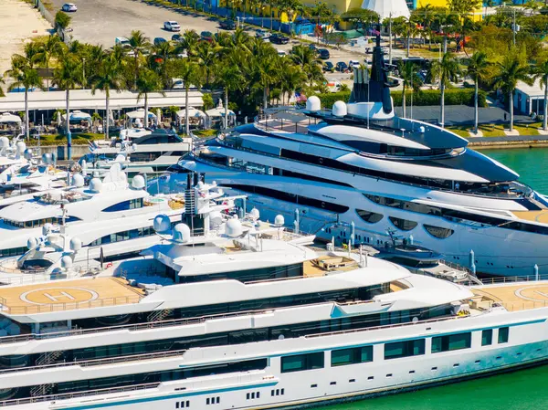 Luxury yachts in Miami shot with aerial drone