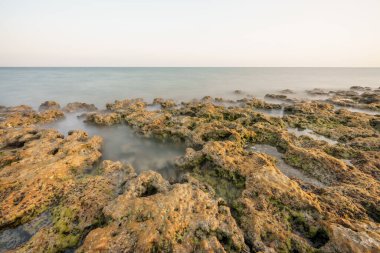Florida Keys manzarası. Kayalık kıyıya vuran yumuşak dalgaların uzun pozlama fotoğrafı.